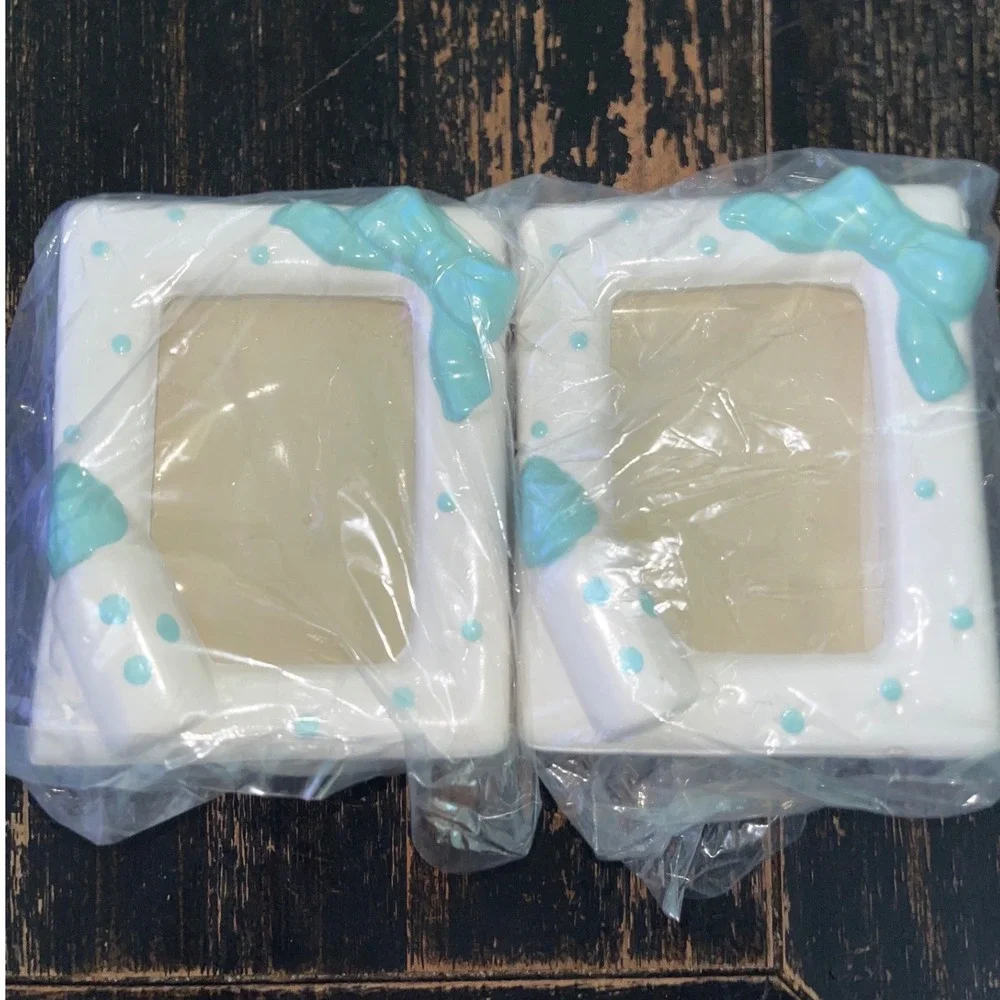 Vintage Ceramic Baby Picture Frame Set Blue White Polka Dot Bottle Bow 2 Pack
